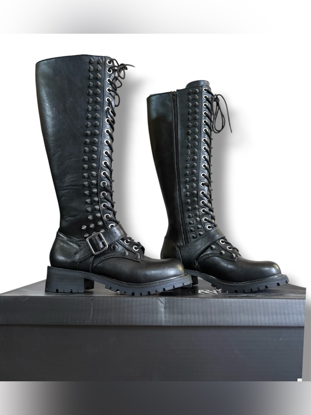 Darker Wavs | NWB DollsKill Cyber Y2K Goth Grunge Spiked Knee High LaceUp Boots